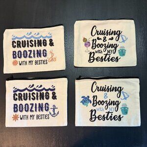 Set of 4 Cruise-Themed Cosmetic Bags – “Cruising & Boozing with My Besties”